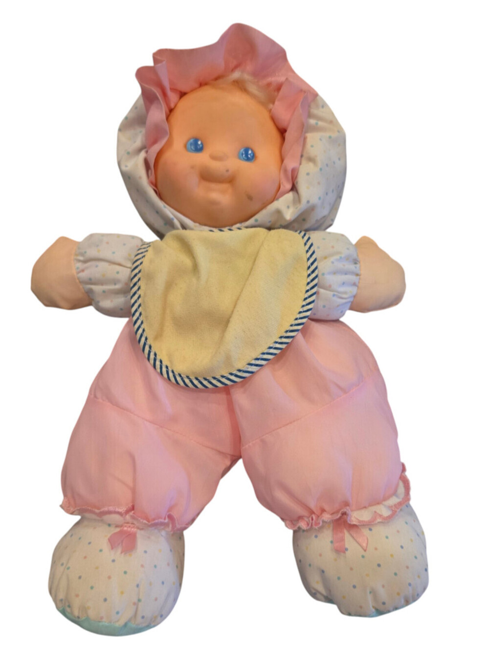Fisher Price Puffalump Kids Baby Doll Pink Polka Dots Green Bib Blonde 1990s